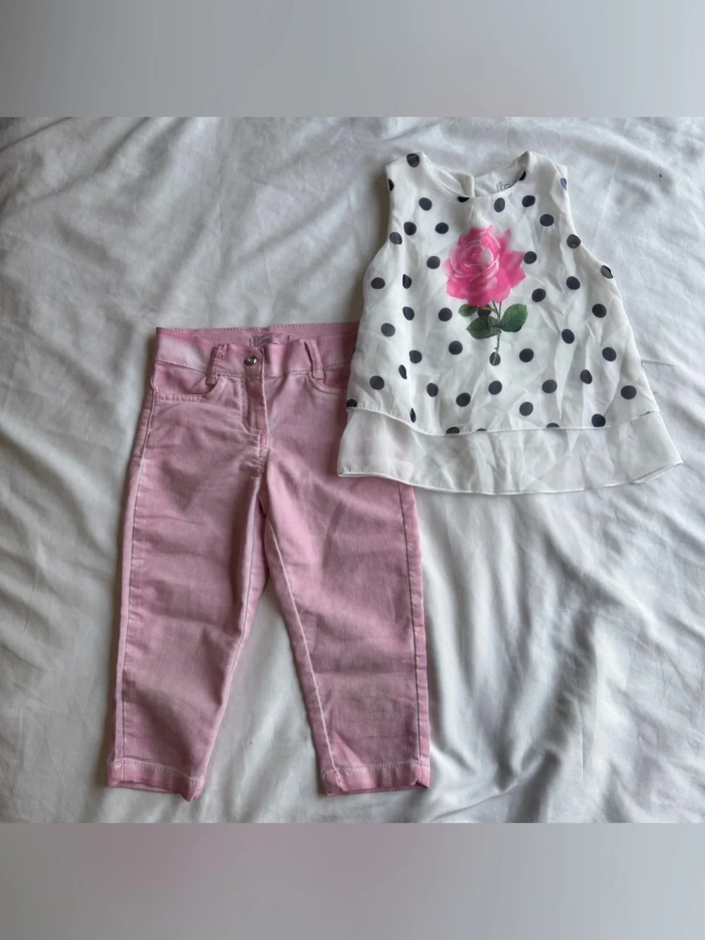 Pink Toddler Jeans and White Polka Dot Rose Tank Set